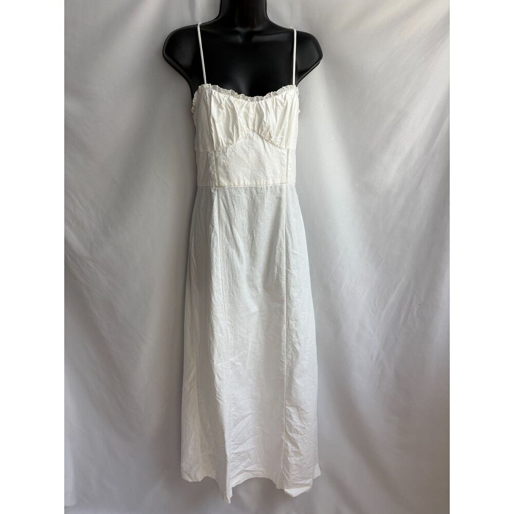 ZARA White Linen Blend Midi Dress Cottagecore Prairie Size S Lace Trim Milkmaid